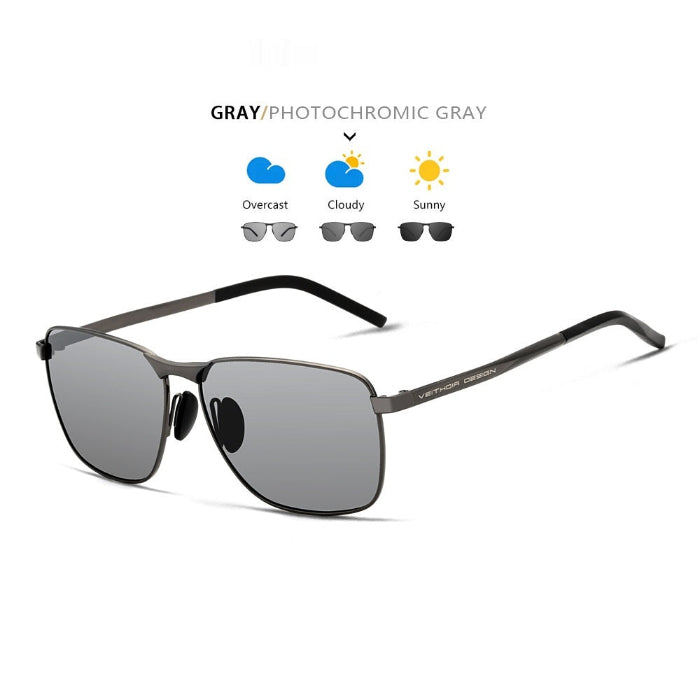 Gray photochromic sunglasses on a white background with weather icons.