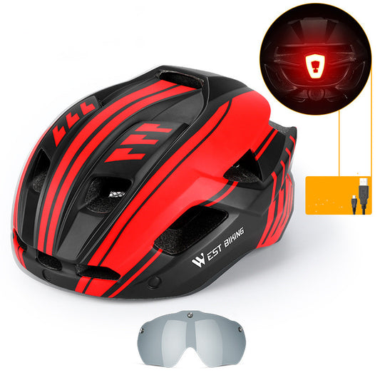 Cycling helmet with integrated goggles, red and black shell