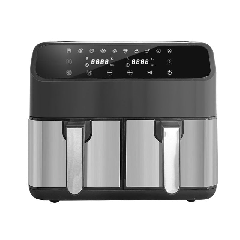 Black and silver air fryer on a white background