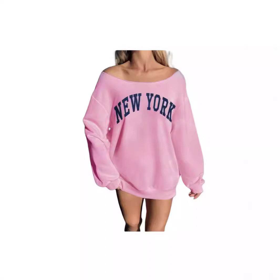 Women's Simple Letter Print Off-shoulder Long Sleeve Sweater - YAXSO