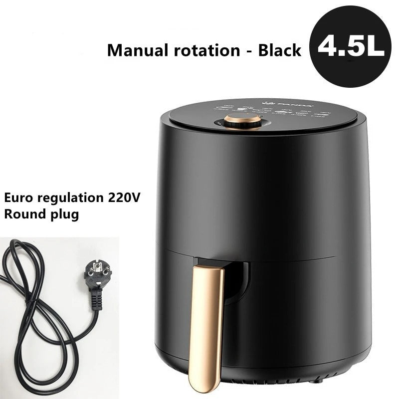 Black manual rotation air fryer with gold handle and power cord on a white background