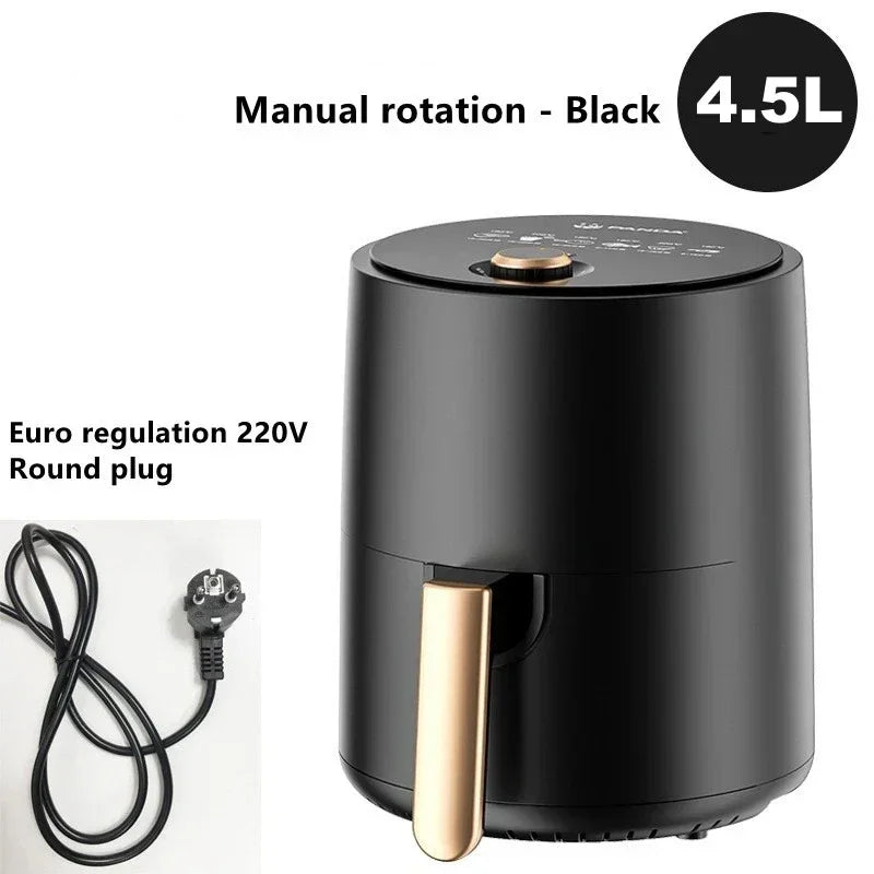 Black 4.5L manual rotation air fryer, round top controls and pull-out basket