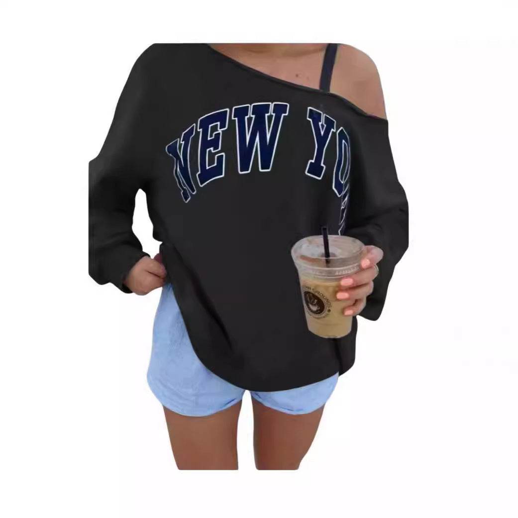 Women's Simple Letter Print Off-shoulder Long Sleeve Sweater - YAXSO