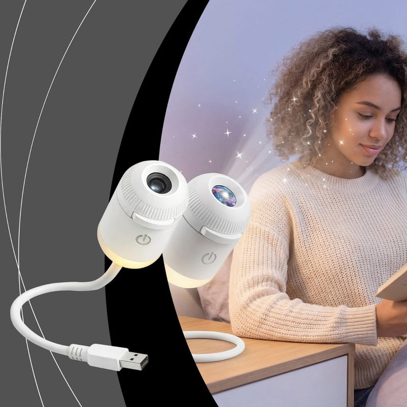 Two white starry sky night light projectors with USB cable for desktop