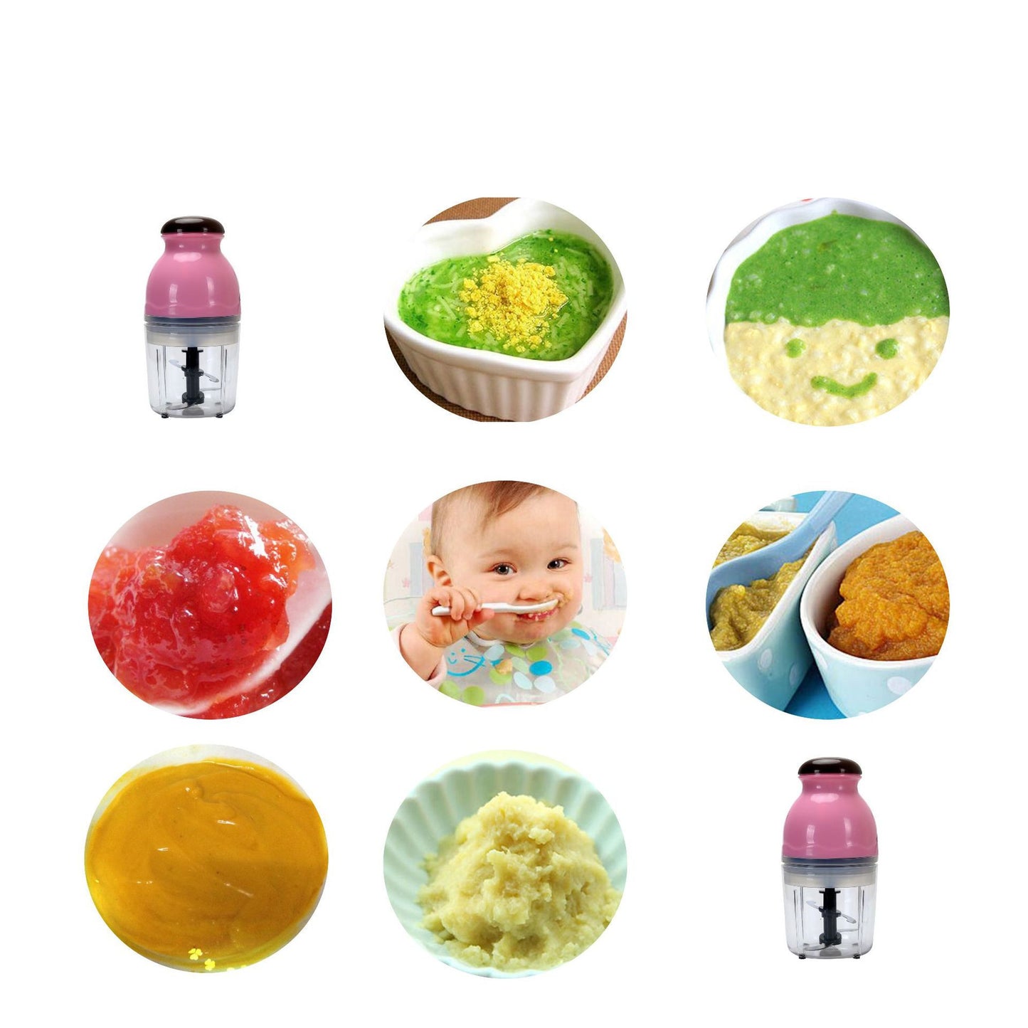 Collection of baby food purees in bowls with a baby and a food chopper on a white background