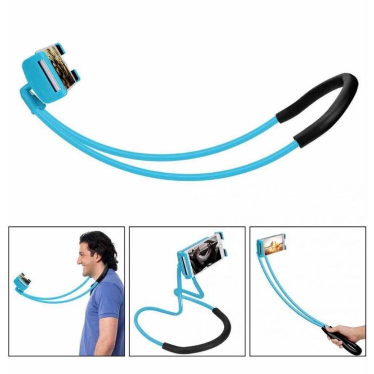 360-degree rotatable selfie phone holder with blue arms and black grip, cradle mount