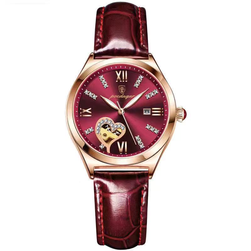 Watch with a red face and burgundy leather strap on a white background
