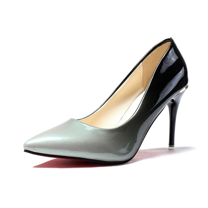 Women's high-heel shoes, silver-grey gloss with pointed toe and black heel