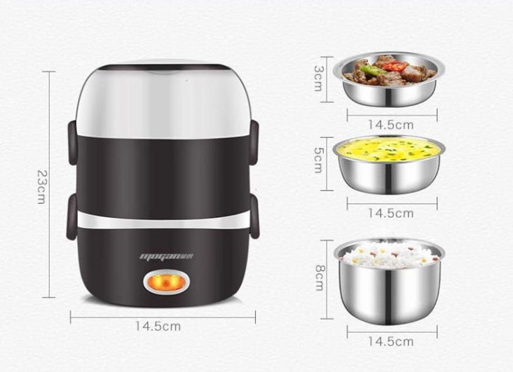 Black electric lunch box with dimensions and images of food containers displayed.