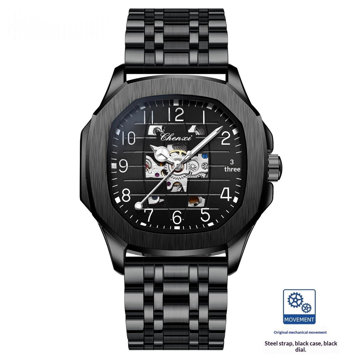 Men's square mechanical watch with black steel bracelet, black case, black dial