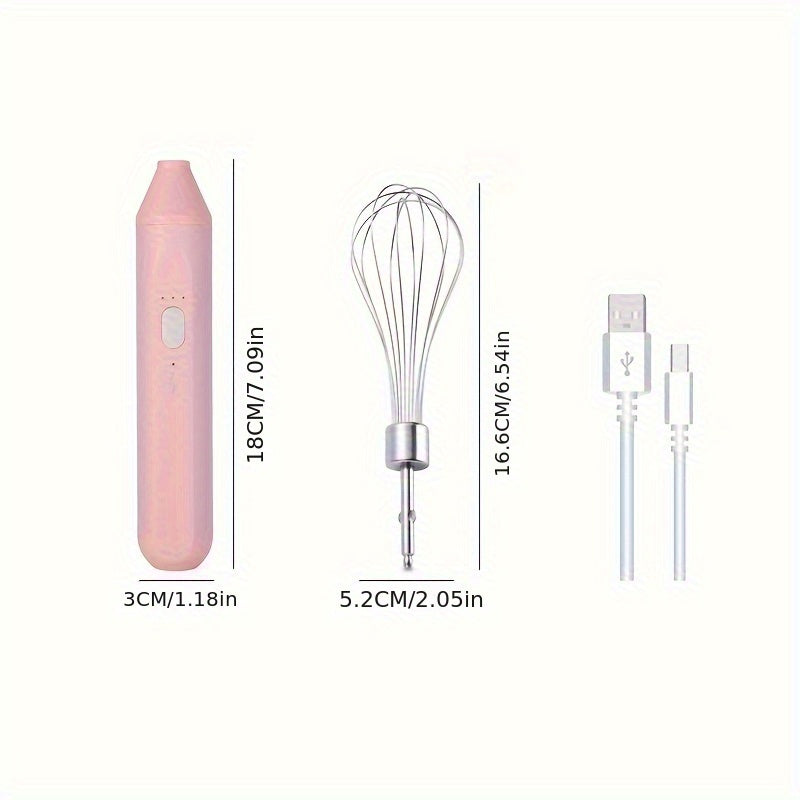 Pink handheld electronic device with whisk attachment and USB cable, showing measurements on a white background.