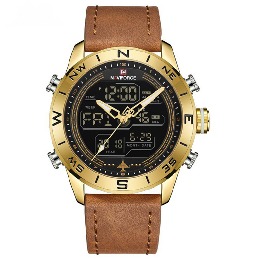 Gold-tone round men’s watch with brown leather strap and digital-style black dial