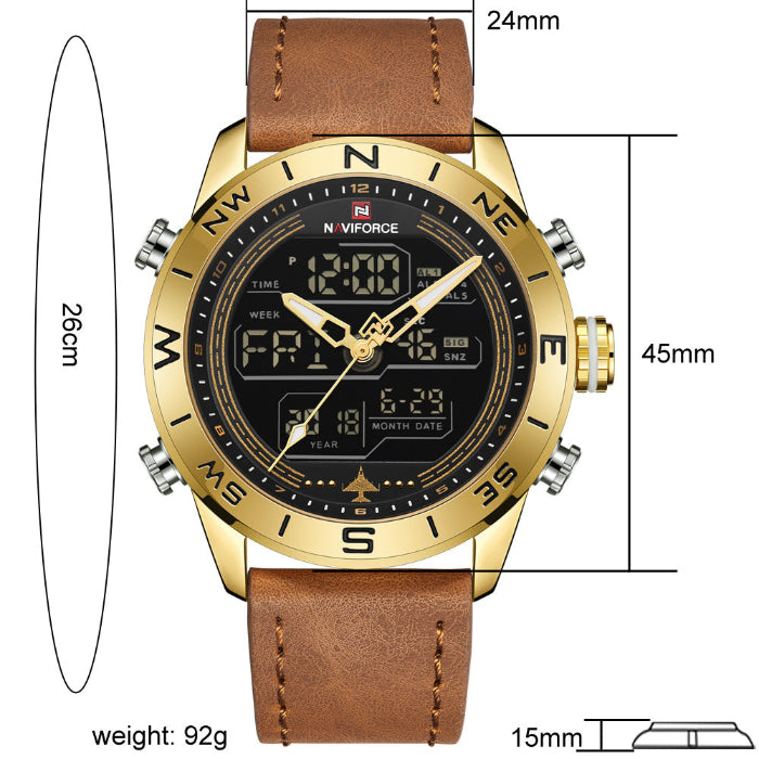 Men’s watch dimensions: 24mm wide, 45mm long, 15mm thick; weight 92g; 26cm strap