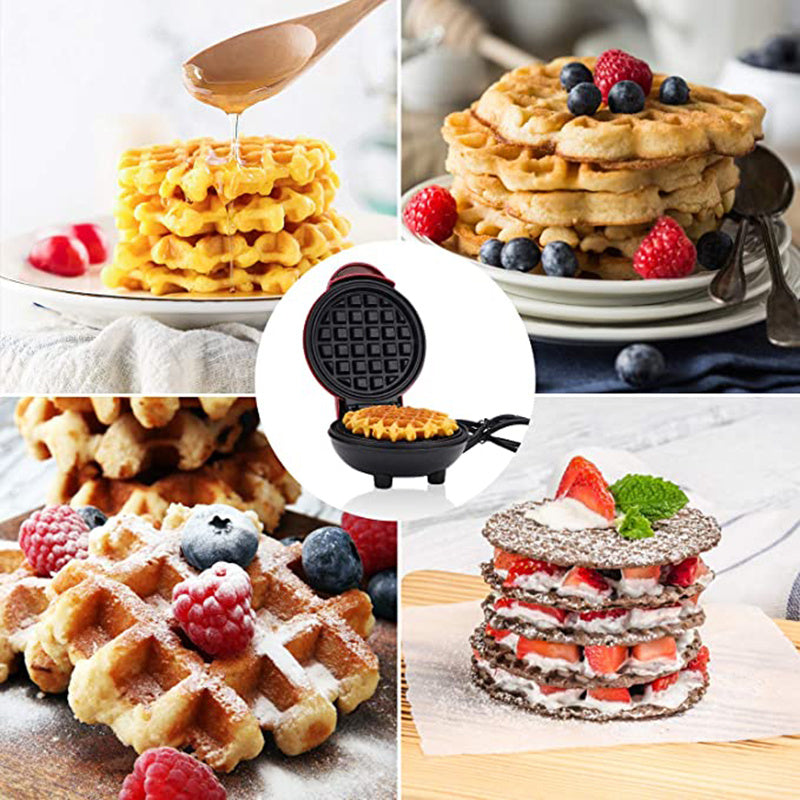 Collage of waffles with various toppings and a mini waffle maker.