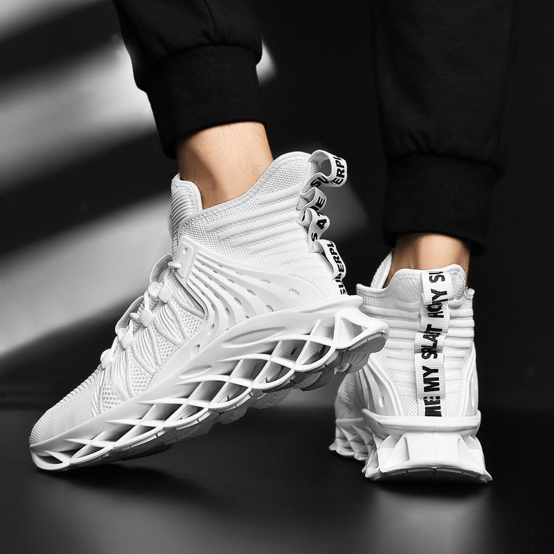 White men's sports sneakers with breathable mesh and TPU sole, rear view on feet.