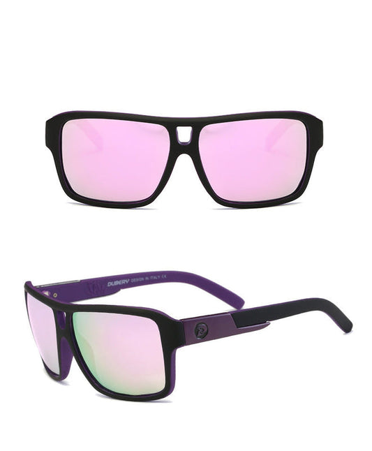 Rectangular sports polarized sunglasses with black frame and pink tinted lenses, front and angled view