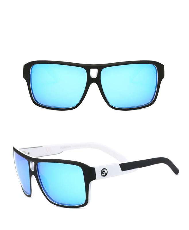 Polarized sports sunglasses with light blue mirrored lenses and black frame, white temple insert