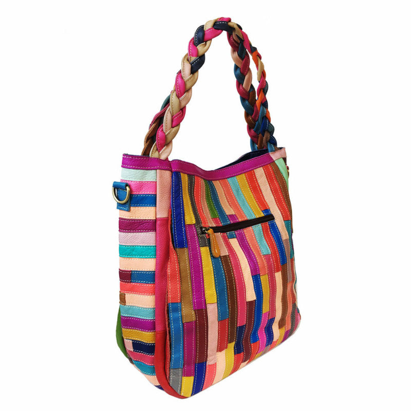 Colorful striped handbag with braided handle on a white background
