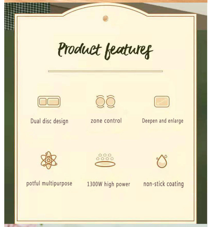 Product features card with icons and text on a beige background