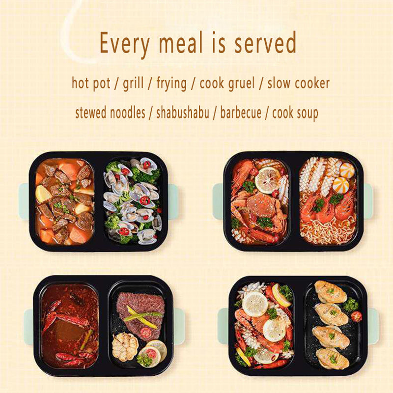 Various food dishes served in black trays with a beige background and text about meal types.