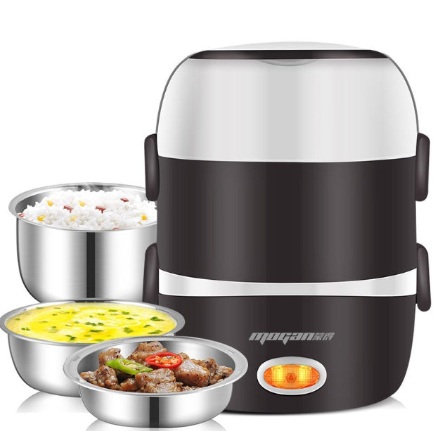 Electric lunch box with food compartments on a white background