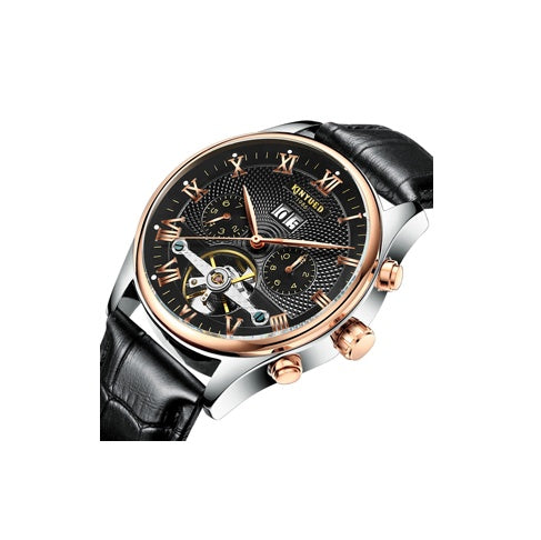 Luxury watch with black leather strap and detailed face on a white background