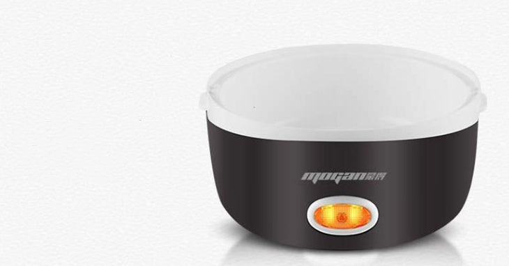 Black and white electric rice cooker with visible brand name on a white background