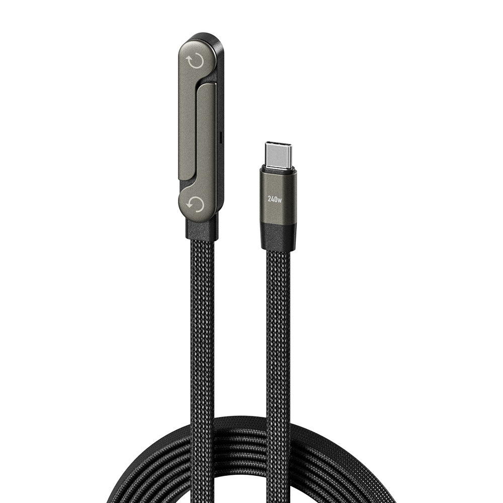 Black foldable phone stand bracket cable with USB-C plug connectors, close-up