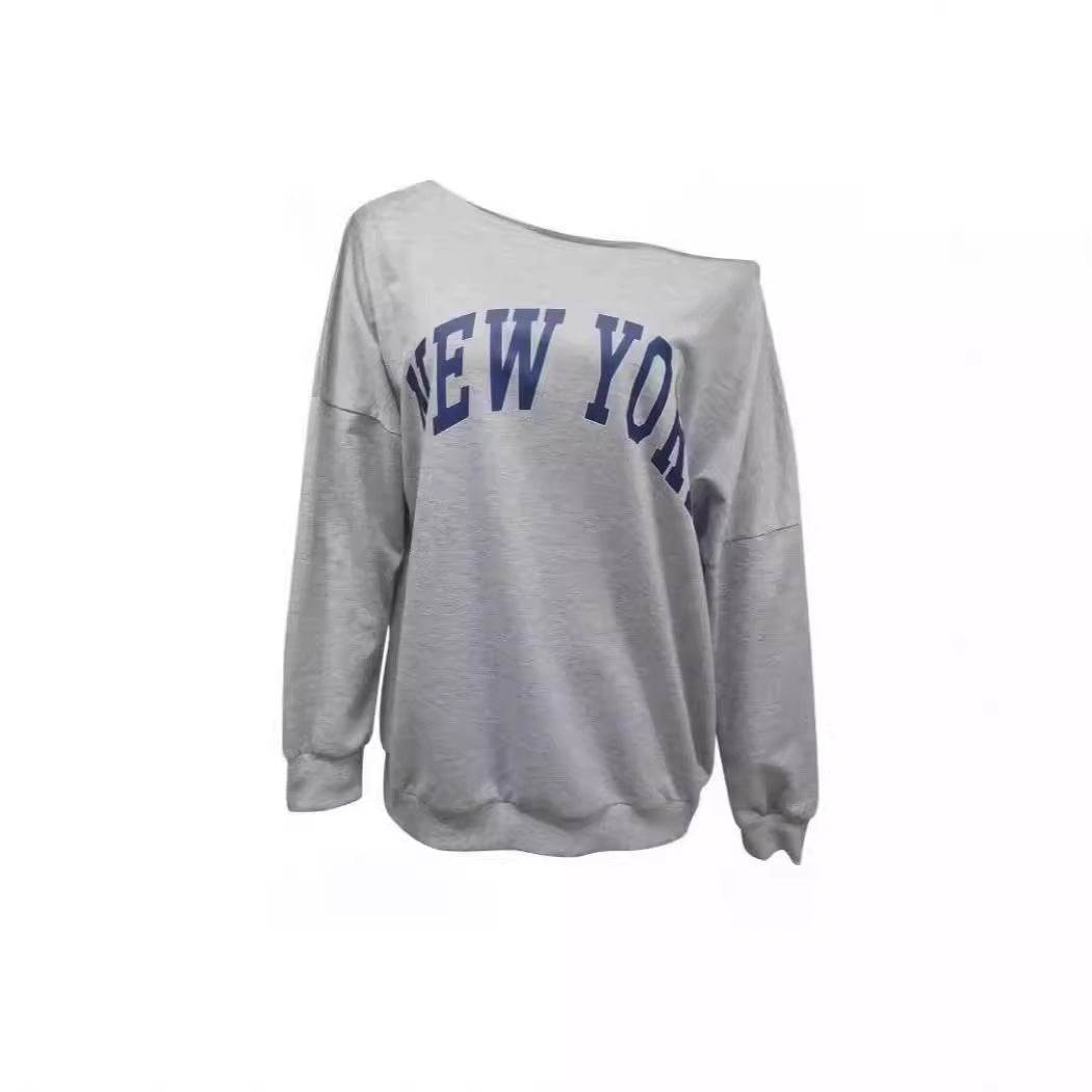 Women's Simple Letter Print Off-shoulder Long Sleeve Sweater - YAXSO