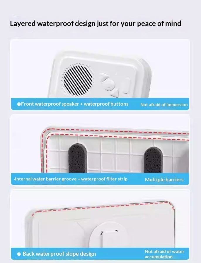 Waterproof phone box with Bluetooth speaker, white housing, speaker grille and buttons