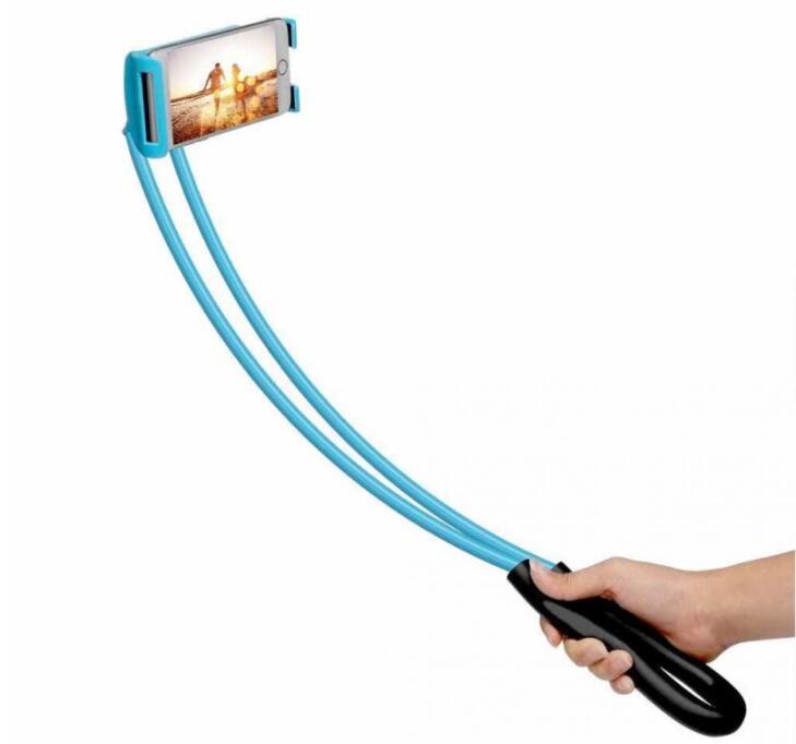 360-degree rotatable selfie phone holder with blue arms held in hand, phone cradle
