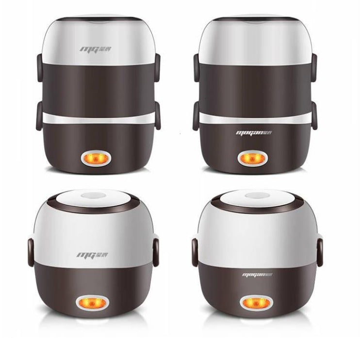 Four electric lunch boxes with a brand logo on a white background