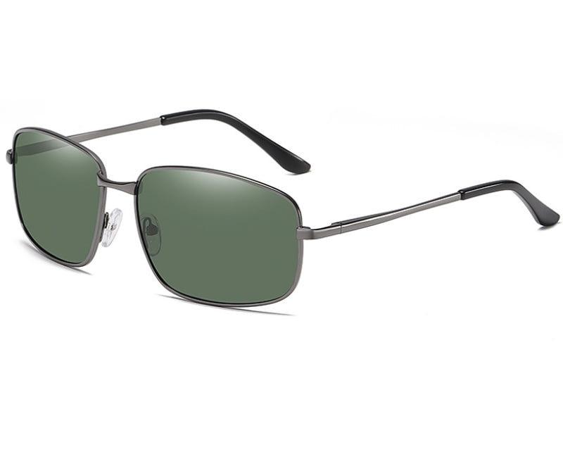 Men's polarized sport sunglasses with dark gunmetal metal frame and green tinted lenses