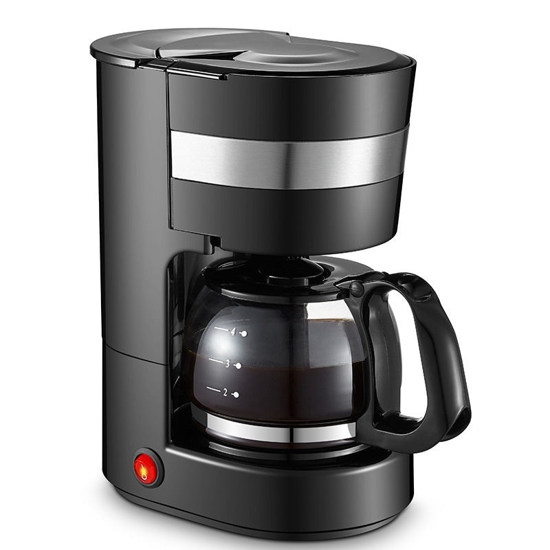 Black coffee maker with glass carafe on a white background