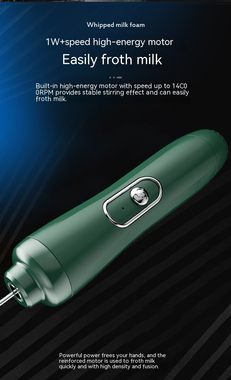 Green milk frother with text on a dark background