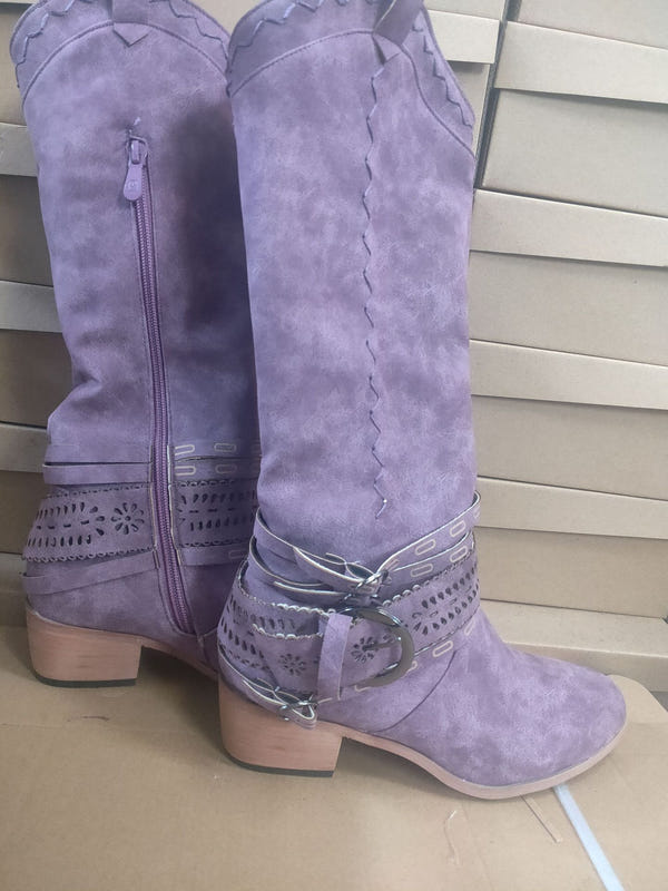 Women's mid-calf suede boots in lavender with side zipper and buckle strap detail