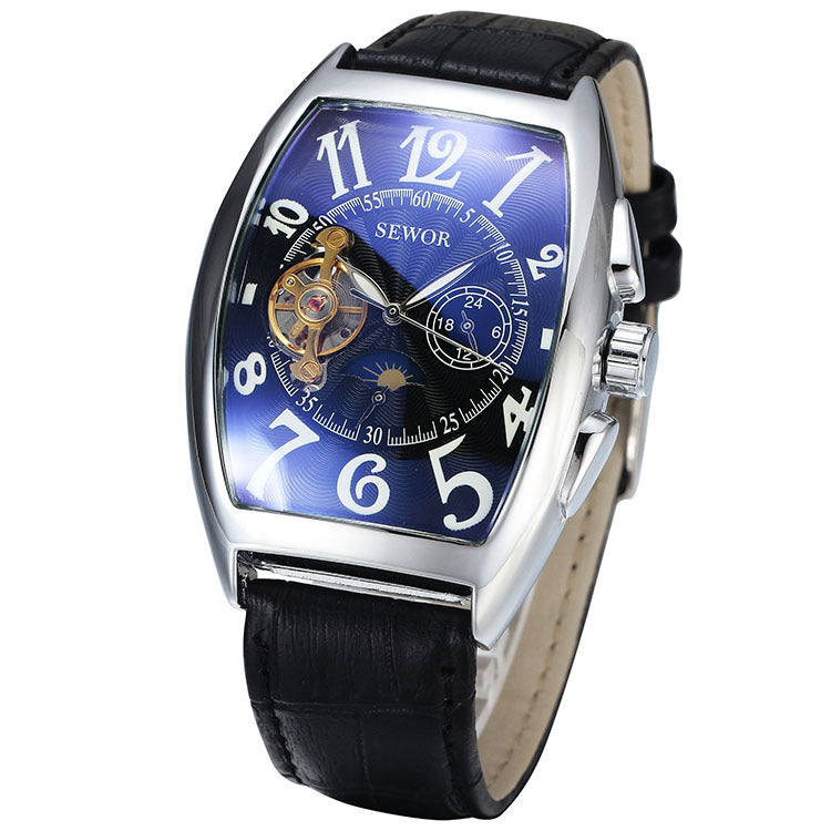 Wristwatch with blue face and black leather strap on a white background