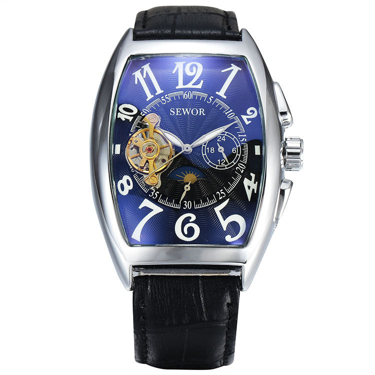 Sewor watch with blue face and black leather strap on white background