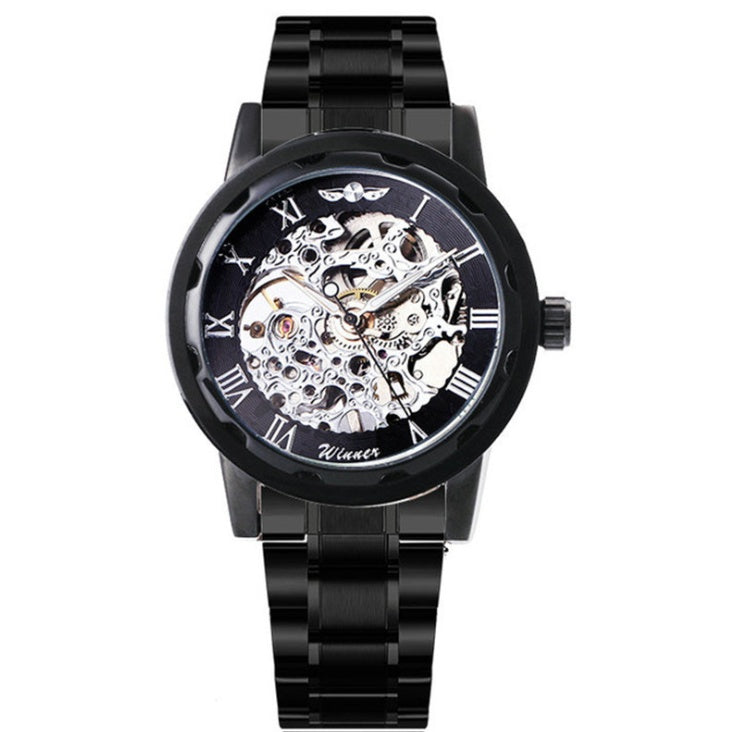 Skeleton mechanical watch with black metal bracelet, silver-tone openwork dial