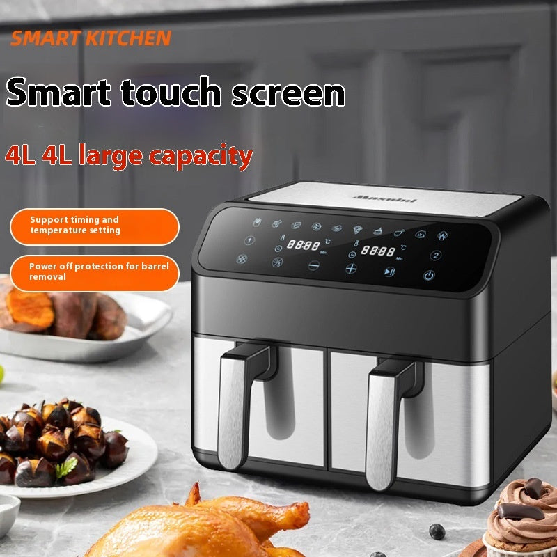 Smart touch screen air fryer with food items on a table