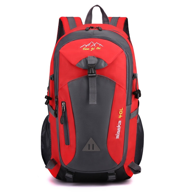 Red and gray backpack with visible branding on a white background