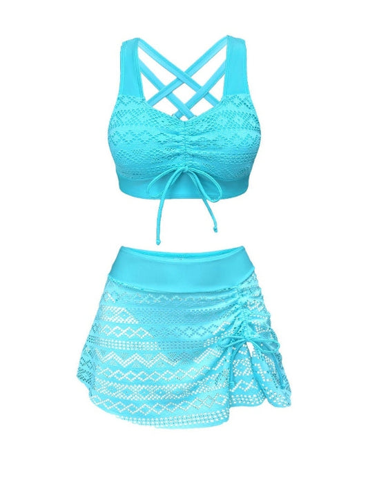 Blue lace bikini set on a white background