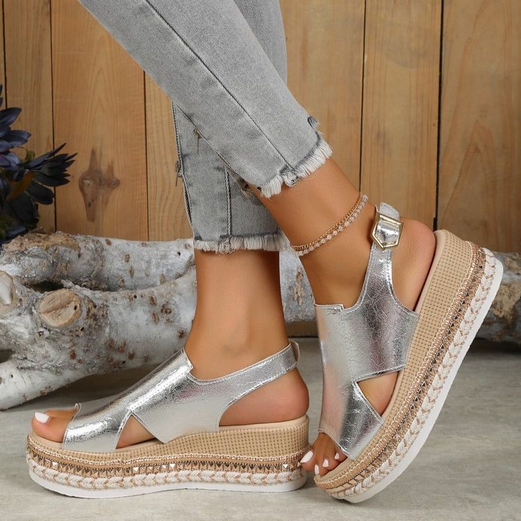 Women's Silver sandals with woven straps. YAXSO STORE UAE