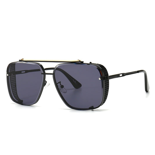 Sunglasses with black frame and dark lenses on a white background
