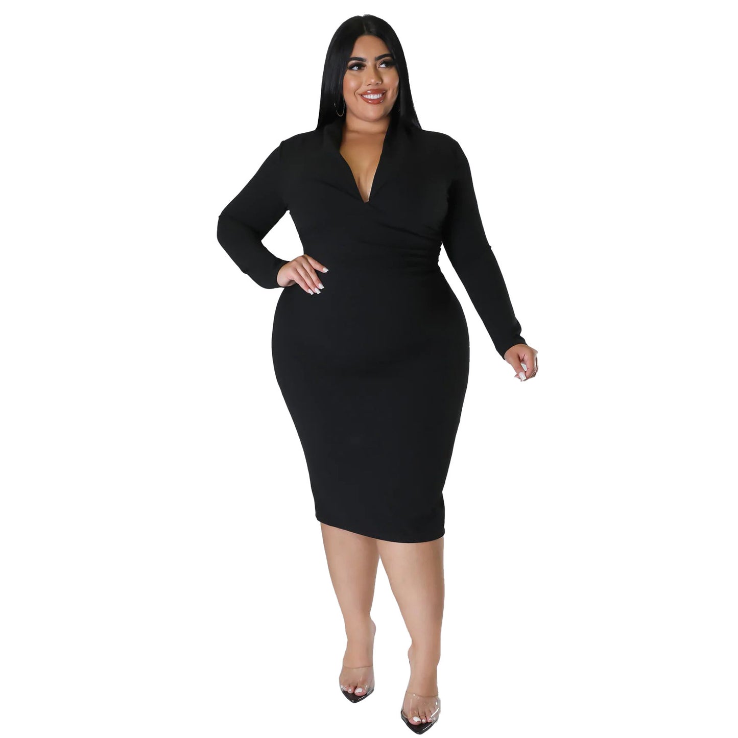Solid Color Long Sleeve V-Neck Dress
