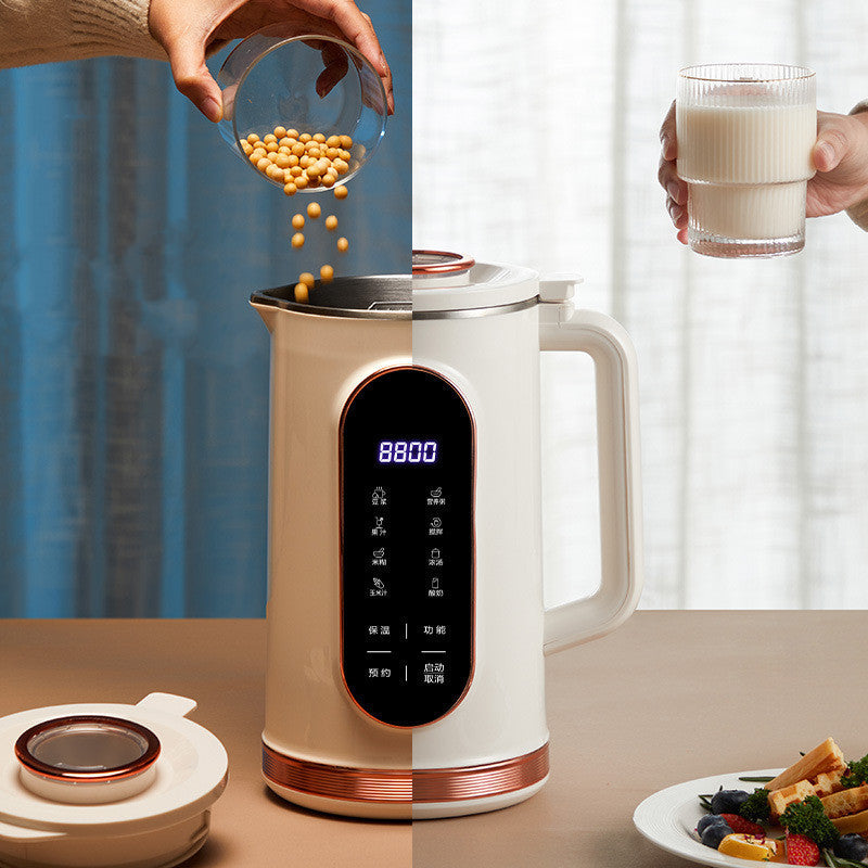 Electric jug with digital display on a table, split into two scenes: one with beans being poured and the other with milk being poured.