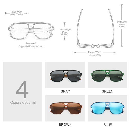 Sunglasses with measurements and color options displayed on a white background