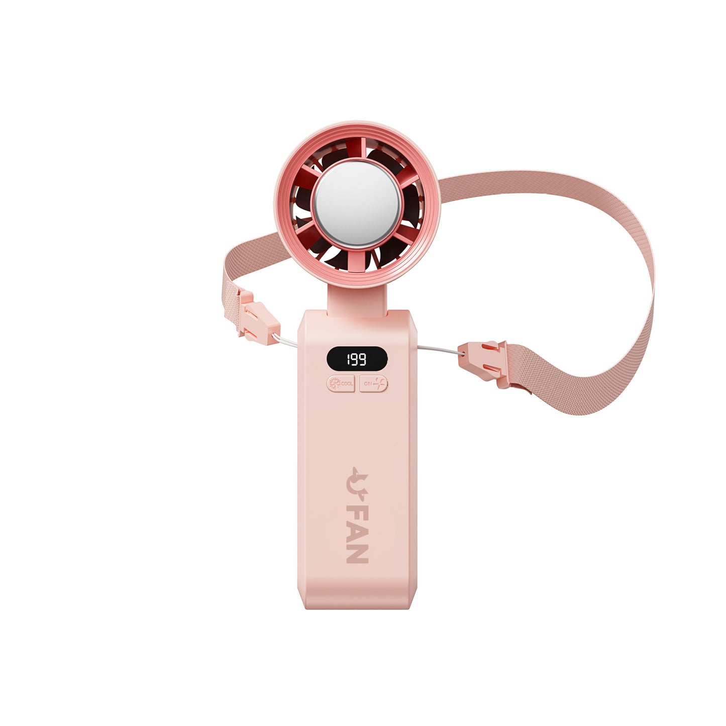 Pink handheld fan with digital display on a white background