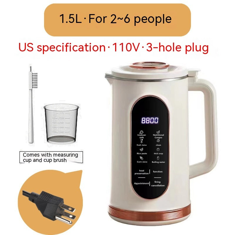 White electric milk frother with digital display, measuring cup, and plug on a white background