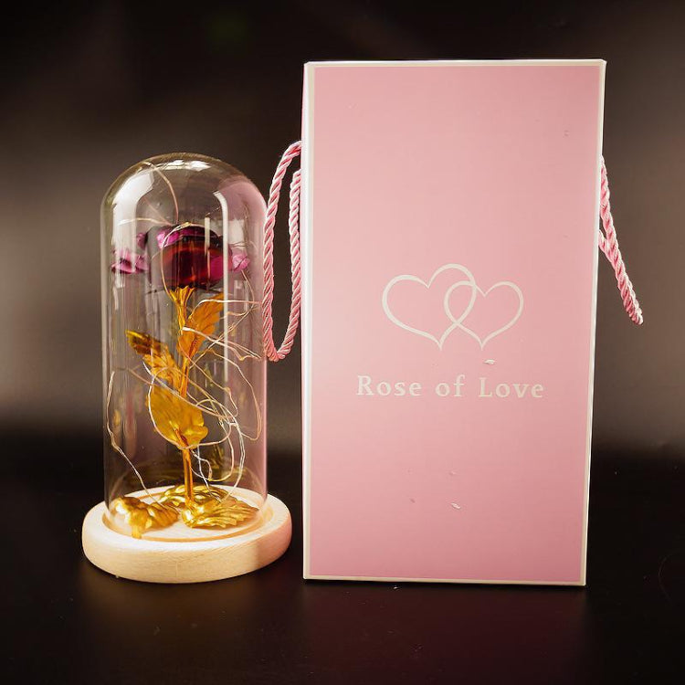 LED glass dome rose lamp with warm lights, beside pink Rose of Love gift box
